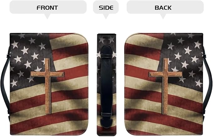 Cross American Flag Bible Covers for Women Easy to Store Bible Organizer Bag for Man with Zipper and Handle Case Large Size Bible Protector