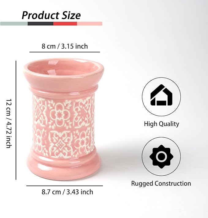 Printed Pencil Holder, Cute Pen Holder for Desk, Ceramic Carved Cylinder Pencil Holder, Office Decoration Container Islamic Style(Pink)