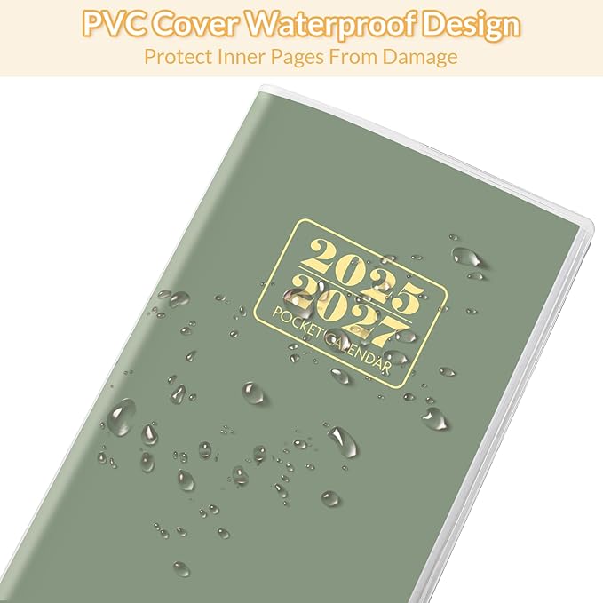 Pocket Calendar 2025-2027, Monthly Purse Planner (6.7" x 3.7") Runs from July 2025 to December 2027, Solid Green Pocket Calendar with PVC Cover for Planning, Organizing, and Office Use