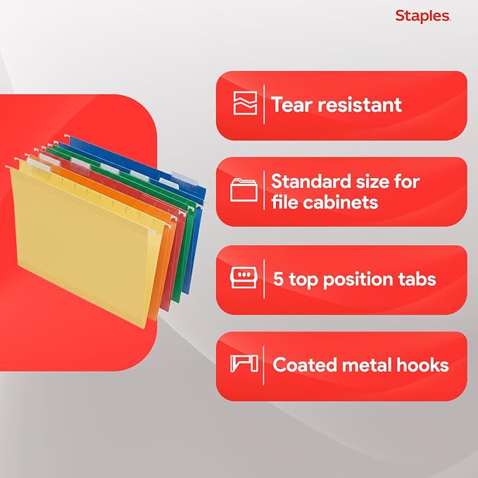 Staples Hanging File Folders, Letter Size, 1/5‑Cut Tabs, Assorted Colors, Adjustable Tabs with Paper Inserts – 25/Pack