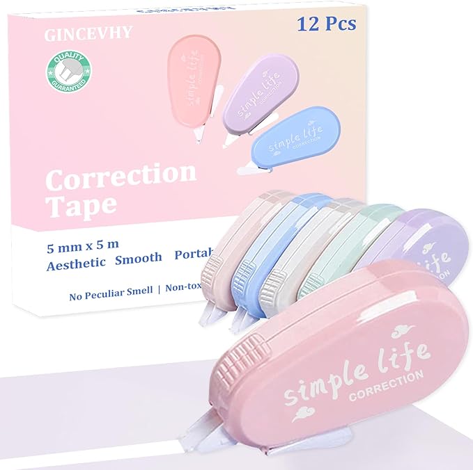 12 Pack Aesthetic Pastel Correction Tape, 0.2 x 197 inch, Instant Corrections, Easy to Use Applicator, White Smooth Pull Out Correction Tape for School, Office, Crafting