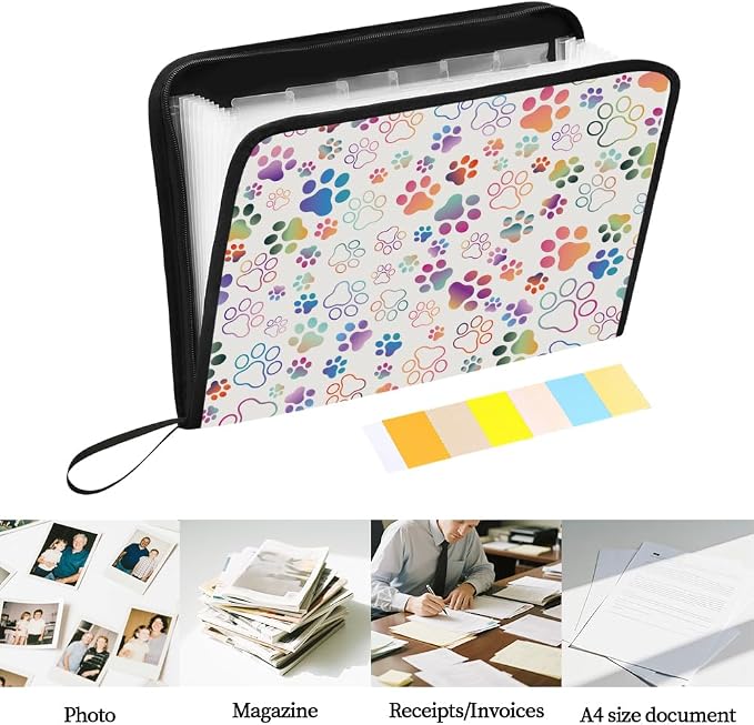 WEBEEDY Colorful Paw Prints Expanding File Folder 13 Pockets Cute Accordion File Organizer with Labels and Zipper, Portable Accordion Folder Paperwork Organiser for A4 Paper Document Photo Receipt