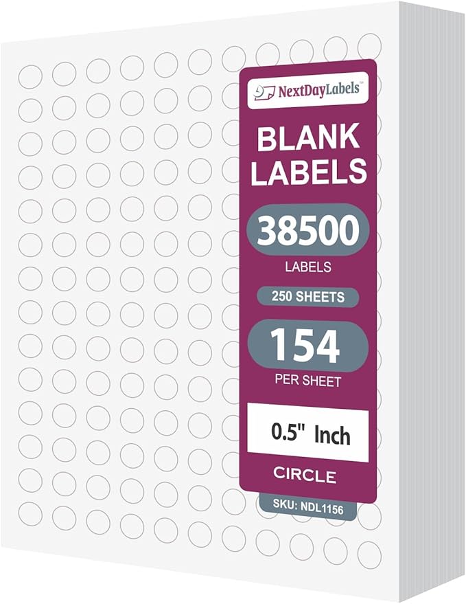 NextDayLabels 0.5 Inch Round Circle Stickers White Blank Labels for Laser Inkjet Printer - 154 Per Sheet Self-Adhesive Color Coding Made in USA - 38,500 Labels