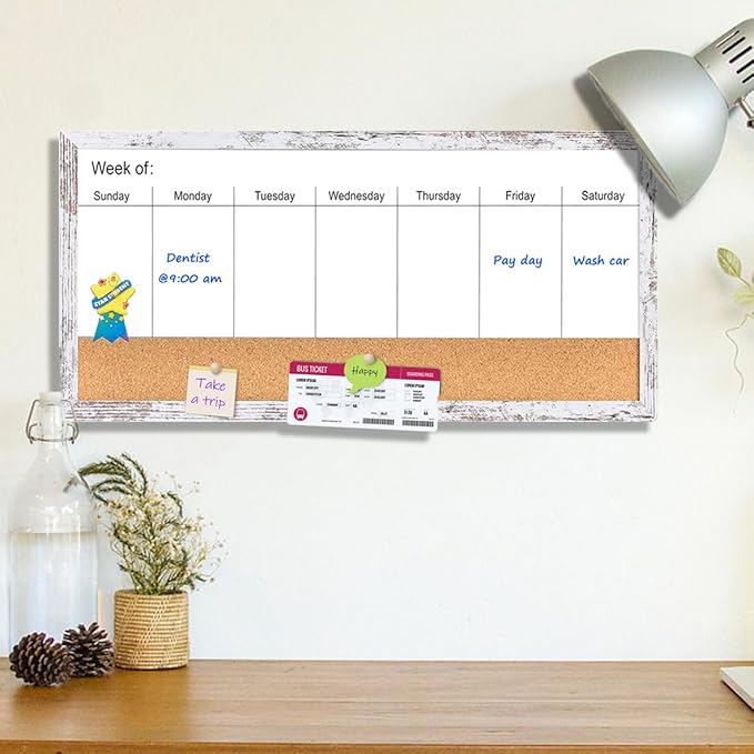 Magnetic Weekly Dry Erase White Board and Cork Board, White Wood Frame，Magnetic Surface Whiteboard for Home Office and Wall Decor(ZHZL-3060WH)