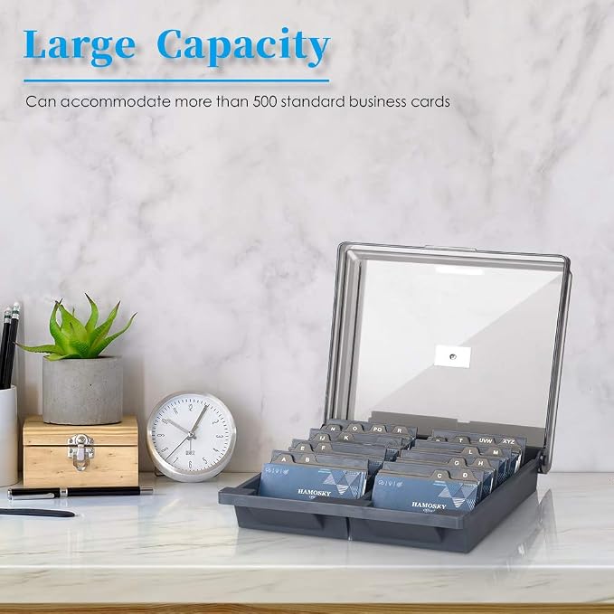 Business Card Storage Box 1000 Cards, 8 Dividers and A-Z Guides - Grey