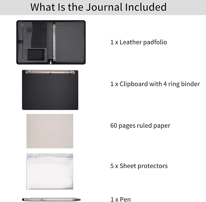 Wonderpool Travel Zippered Portfolio 3 Ring Binder A4 Padfolio Document Case with Removable Clipboard Legal Pad Holder, Business Office School Organizer for Men and Women (Black)