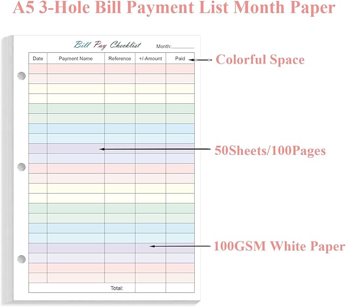 Half Letter Size Payment Checklist Refills for 3 Ring Mini Binder - 50 Sheets/100 Pages Colorful Monthly Budget Forms, 100 gsm White Paper, 5.8" x 8.3"