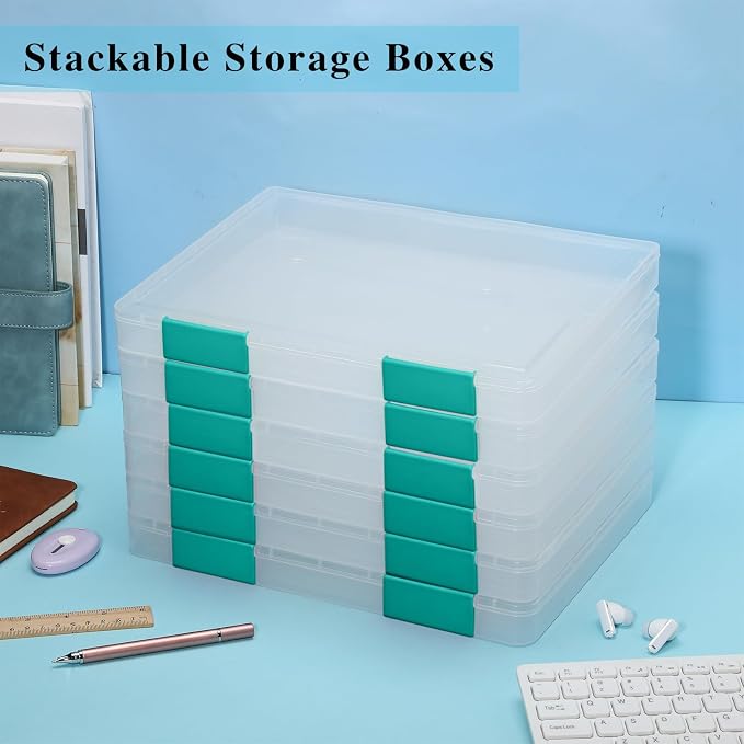 PerKoop 6 Pcs Clear Paper Storage Box A4 Plastic File Box Document Paper Organizer Storage Board Game Project Cases Containers with Buckle for Craft, Magazine(12.4 x 9.84 x 1.18 Inches,Dark Green)