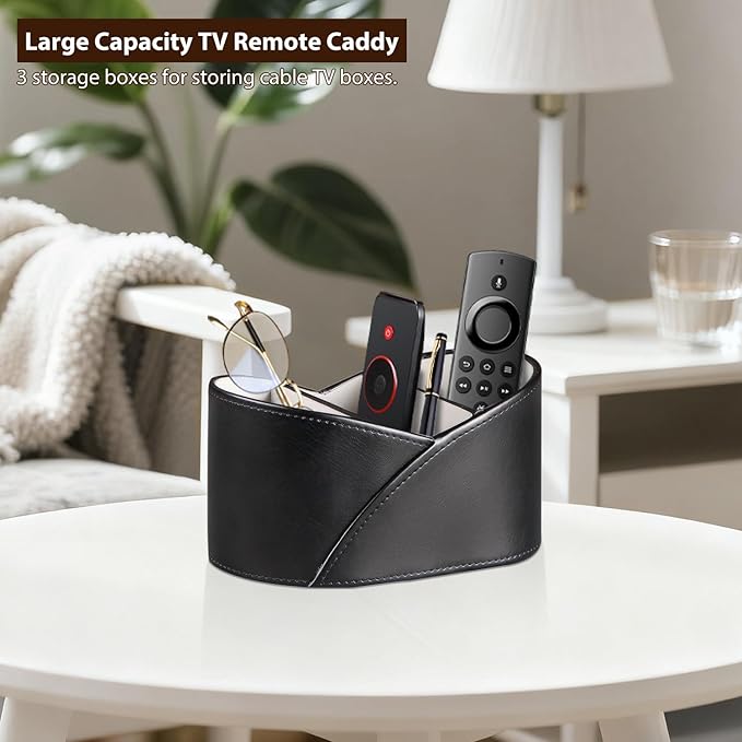 PU Leather TV Remote Control Holder with 3 Compartments, Bedside Table Remotes Caddy, Office Desk Accessories and Workspace Organizers, Storage Box to Store Pen, Controllers, Media Player, Cosmetics