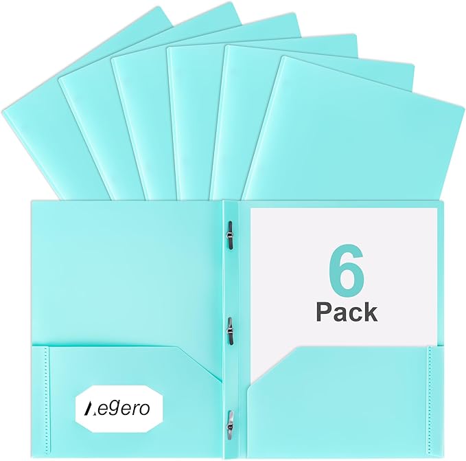Aegero Folders with Pockets and Prong with Fasteners (6 Pack,Mint Green),Durable Plastic Pocket Folders with Prongs,Tear Resistant,2 Pocket 3 Prong Folders for Schoolwork & Office,Letter Size
