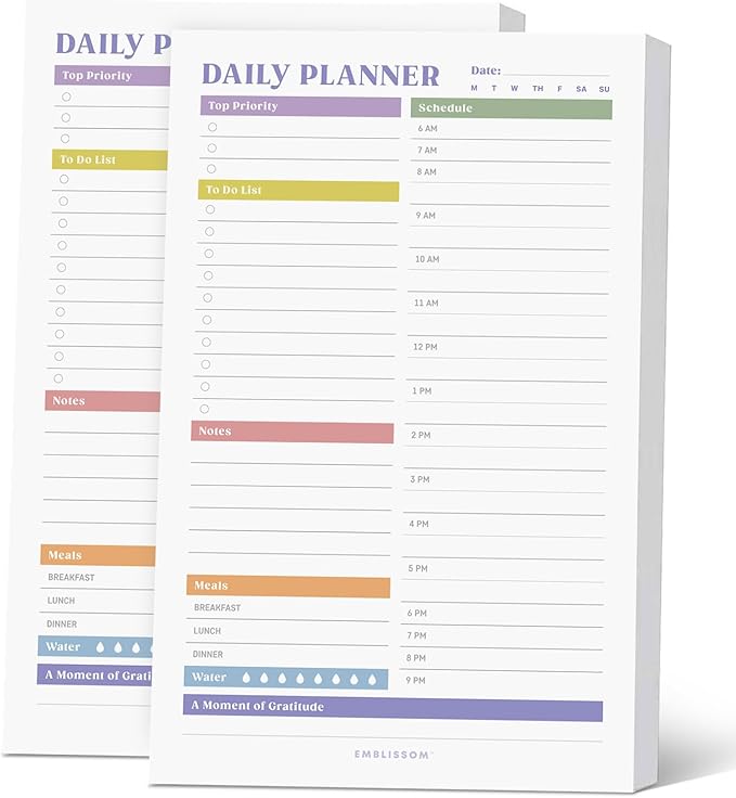 Daily Planner Notepad, 5.5 x 8.5" Tear-Off Pad – 70 Undated Sheets Focus-Enhancing Desktop Organizer with Hourly Schedule, To-Do List for Work, School (White, Colorful, 2 Pack)