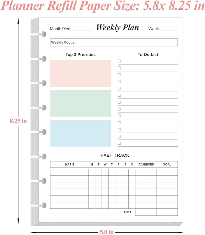 Weekly Planner Undated Refills - Junior Size 53 Sheets/106 Pages Colorful Weekly Planner for 8-Disc Discbound, 100 gsm White Paper, Lasts 1 Year, Undated, 5.8" x 8.3"