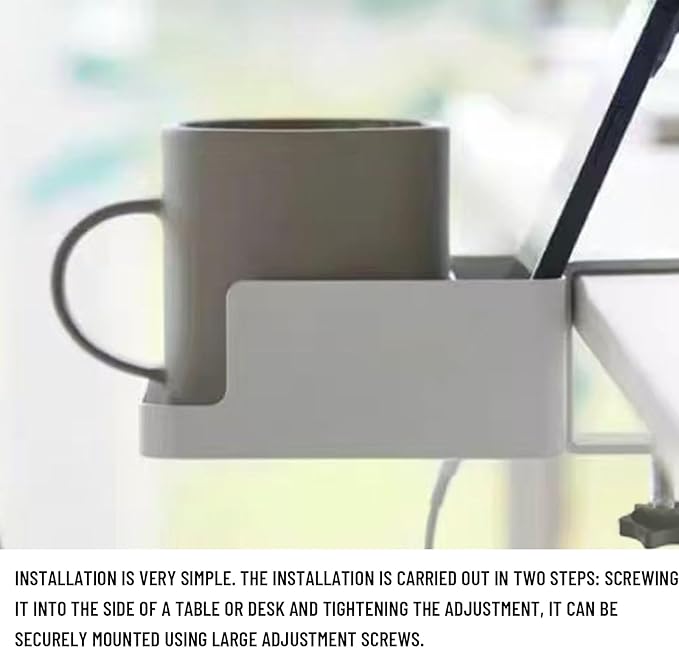 2-in-1 Wite Anti-Spill Desk Cup Holder Clamp on Desks Edge, Cups and Phone Storage for Desktop, Desk Cup Holder Clamp use for Office and Home, 1Pack