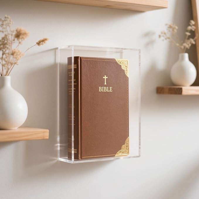 Klmnop Clear Acrylic Display Case for Bible, 4mm Thick Wall Mount Vertical & Horizontal Display Case, Book Organizer Box to Protect Collectible Books, Family Old Bible, DVD, 10.63 x 7.48 x 2.36 inch