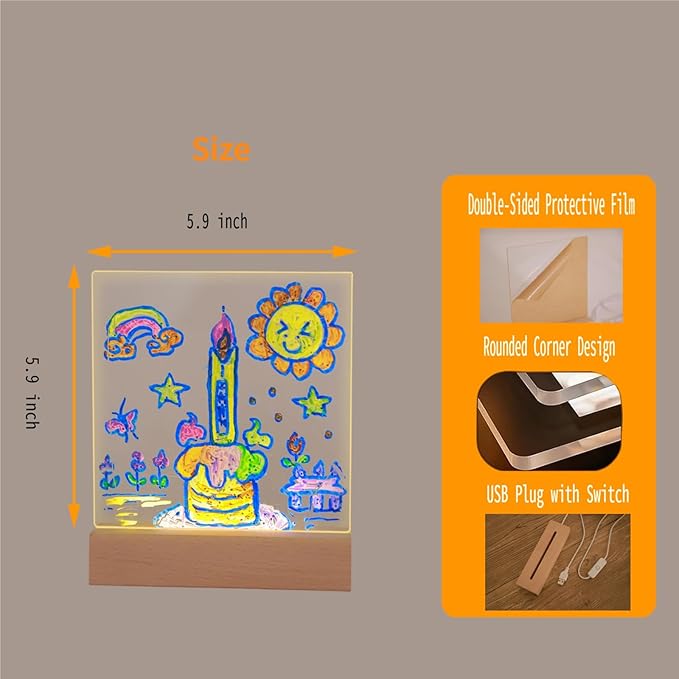 5.9 x 5.9 Inch Warm LED Message Note Board with Colors, Clear Acrylic Light Up Dry Erase Drawing Writing Board with Stand