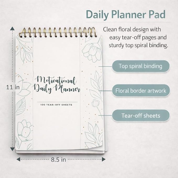 Spiral Daily Planner Agenda Notepad -100 Undated Tear-Off Sheets -Desk Notepad, Motivational Calendar, Organizer, Productivity Tracker, Organizing Goals, Task Planner, Ideas, Notes, to Do List 8.5x11