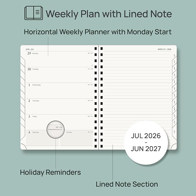 POPRUN Weekly Planner 2026-2027, 6.5" x 8.5", (July 26-June 27) Academic Weekly and Monthly Planner, Calendar Notebook 2026-2027 Agenda for School, College, Spiral Leather Softcover - Petrol Green