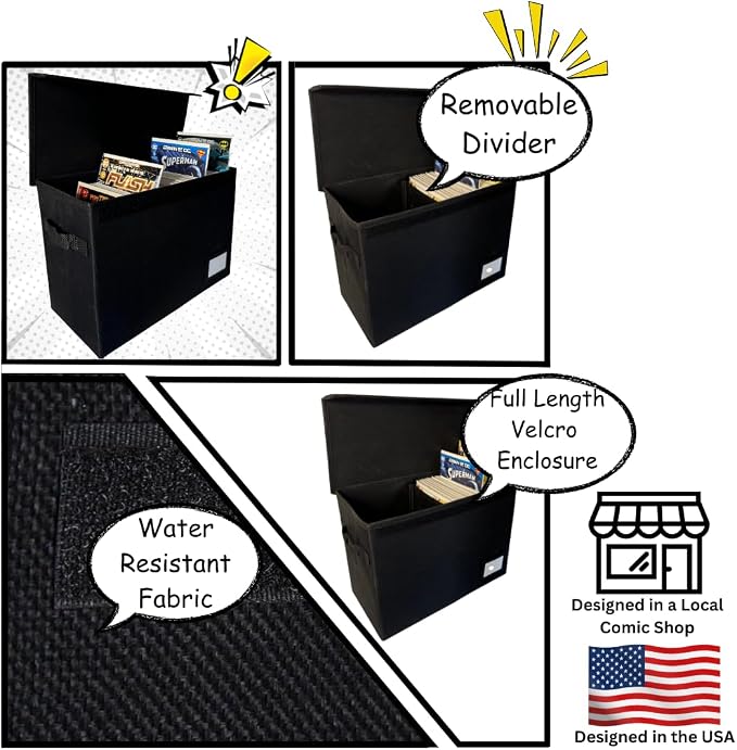 Comic Book Storage Box With Divider Built In (Removable)- Black Comic Book Box, Water Resistant, Holds 150 Comic Books, Full-length Velcro Flip-Top Enclosure, Comic Book Storage Box label pocket