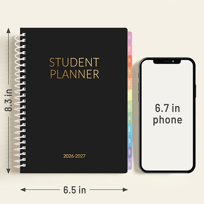 Student Planner 2026-2027, SUNEE Academic Weekly & Monthly Plan Book, Jul. 2026 - Jun. 2027, 6.5"×8.3" Middle & High School Planner, Lesson Plan Book with Week's Goals, Bookmark, Monthly Tabs, Black