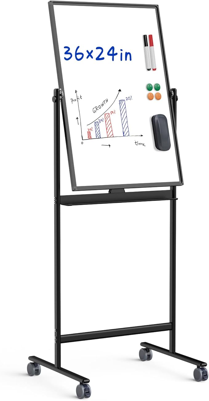 Rolling Whiteboard/w Height Adjustable, Mifuro 24 X 36 Large Portable Dry Erase Board with Stand and Wheels for Office,Classroom &School, Black
