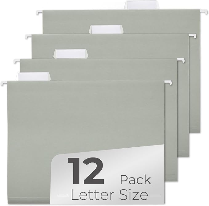 Y YOMA Letter Size - 12 Pack Colored Hanging File Folders Decorative Hanging Folder Cute Pretty File Folder for Filing Cabinet Office Home with 1/5-Cut Adjustable Tabs, Morandi Green