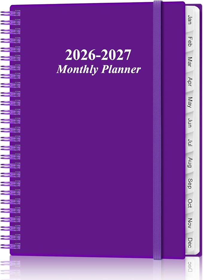 2026-2027 Monthly Planner - 15 Monthly Calendar, April 2026 - June 2027, Two Pages Per Month, 9" x11" Planner with Tabs, Strong Twin-Wire Binding, Inner Pocket, Purple