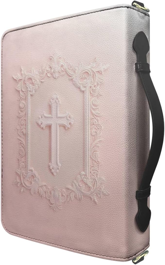 2XL Bible Cover for Women, PU Leather Bible Case with Strap and Handle, Faux Embossed Crucifix Print Biblia Organizer with Inner Pockets and Pen Loop, Church Bags for Women