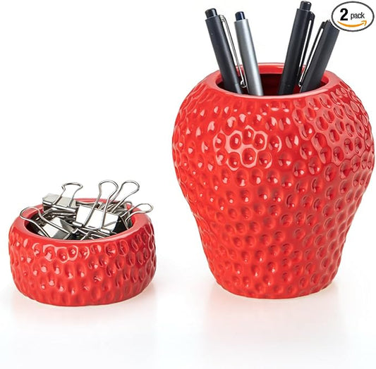 Ceramic Paper Clip Holder, Strawberry Pen Holder Set, Cute Pen Holder for Desk Storage Set of 2, Office, School, Home Decor(Red)