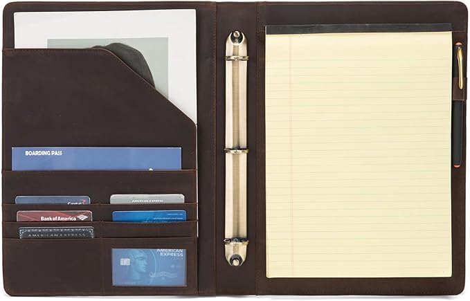 Personalized Genuine Leather 3 Ring Binder, Custom Engraved 8.5 x 11 Letter Size Folio with Pen Holder, Soft Notebook Portfolio Cover, Notepad Padfolio Organizer for Meeting, Dark Brown