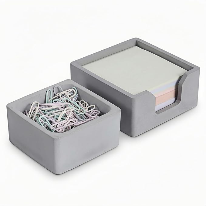 Concrete Desk Organizer Set of 2 - Minimalist Sticky Note Holder & Paper Clip Dispenser - Heavy Duty Office Desk Accessories with Non-Slip Base for Home Workspace Organizer & Desk Decor, Gray