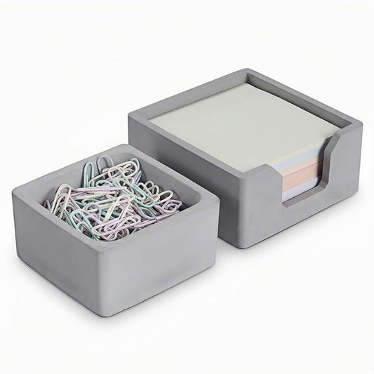 Concrete Desk Organizer Set of 2 - Minimalist Sticky Note Holder & Paper Clip Dispenser - Heavy Duty Office Desk Accessories with Non-Slip Base for Home Workspace Organizer & Desk Decor, Gray