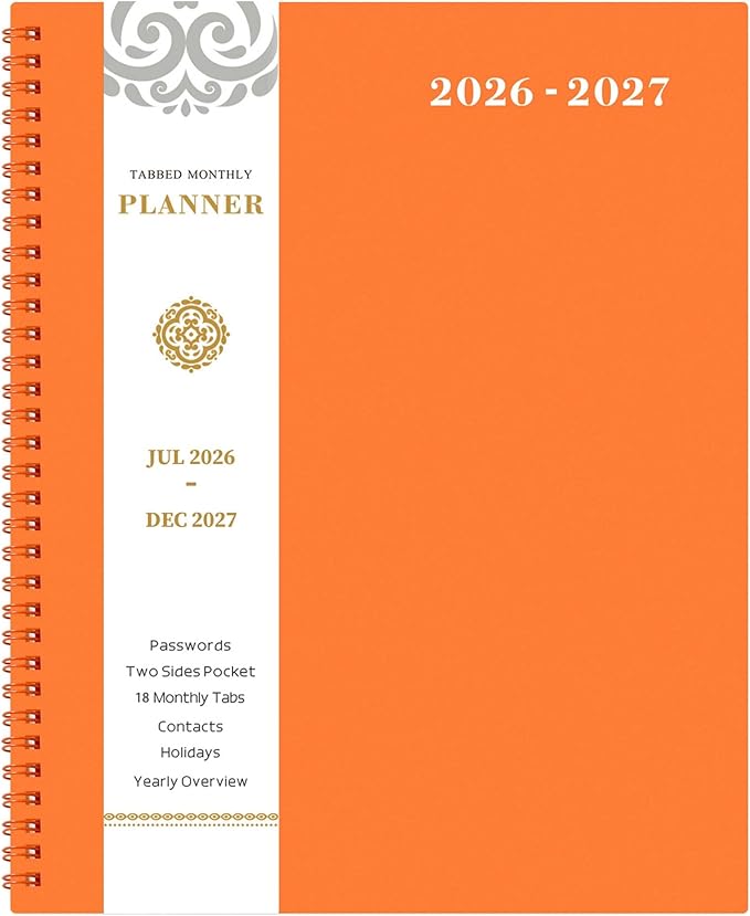 2026-2027 Monthly Planner - Planner 2026-2027, JUL 2026 - DEC 2027, 18 Monthly Calendar Planner with Tabs - Contacts + Passwords + Dual-Sided Pocket (9" x 11", Orange Design)