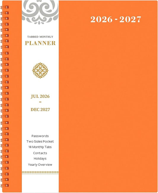 2026-2027 Monthly Planner - Planner 2026-2027, JUL 2026 - DEC 2027, 18 Monthly Calendar Planner with Tabs - Contacts + Passwords + Dual-Sided Pocket (9" x 11", Orange Design)