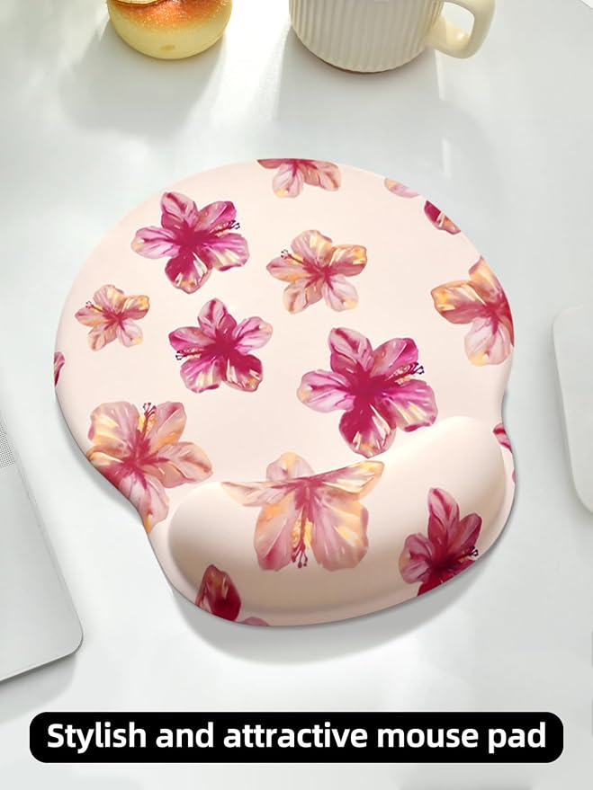 Lily Floral Mouse Pad Wrist Support Wrist Rest, Flower Ergonomic Mouse Pad with Non-Slip Base for Office Gaming Working Computers,Desk Accessories Pain Relief Mouse Mat, Beige