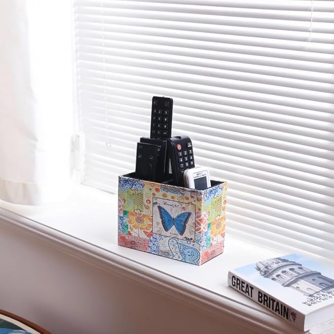 Decorative Remote Control Holder, Leather TV Remoter Caddy Storage Box Desktop Organizer Makeup Brush Pen Holder Storage Fits TV Remotes, Media Controllers, Office Supplies (Butterfly Pattern)