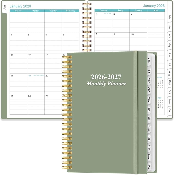 2026-2027 Monthly Planner - January 2026 - June 2027, Two Pages Per Month, 18 Monthly Calendar/Planner with Tabs, Inner Pocket, 6.4" x 8.5", Cyan