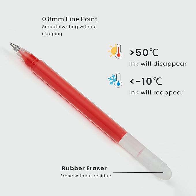 Volcanics Red Erasable Gel Ink Pens 20 Pack – Smooth Writing Heat Erasable Gel Pens with Cap, No Refill Needed, No Smudge, Perfect for School, Office, Journaling, Note Taking, Drawing