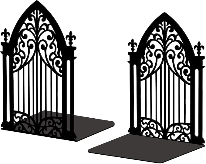 Peacoblue Metal Bookends for Shelves, Modern Decorative Heavy Duty Study Book Support Stoppers for Office, Desk, Shelf, Room 5.3"x4.3"x7.3" Cast Iron Simple Tall Bookends, 1 Pair (Gothic Gate)