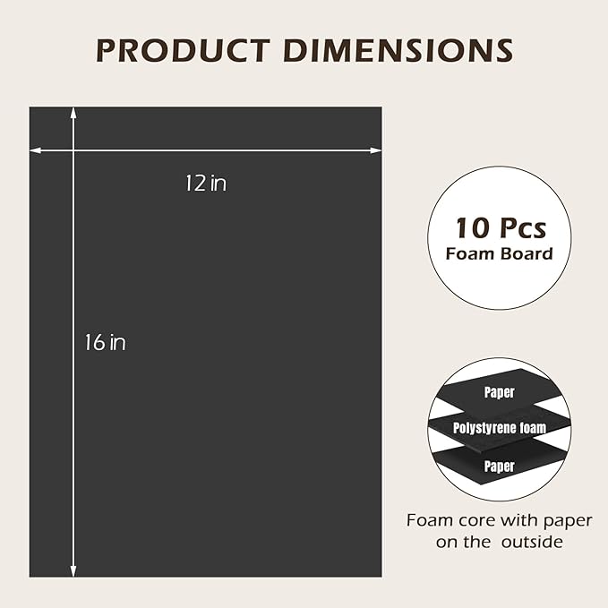 Golden State Art, Pack of 10, 3/16" Thick, 12x16 Black Foam Boards (12x16, Black)
