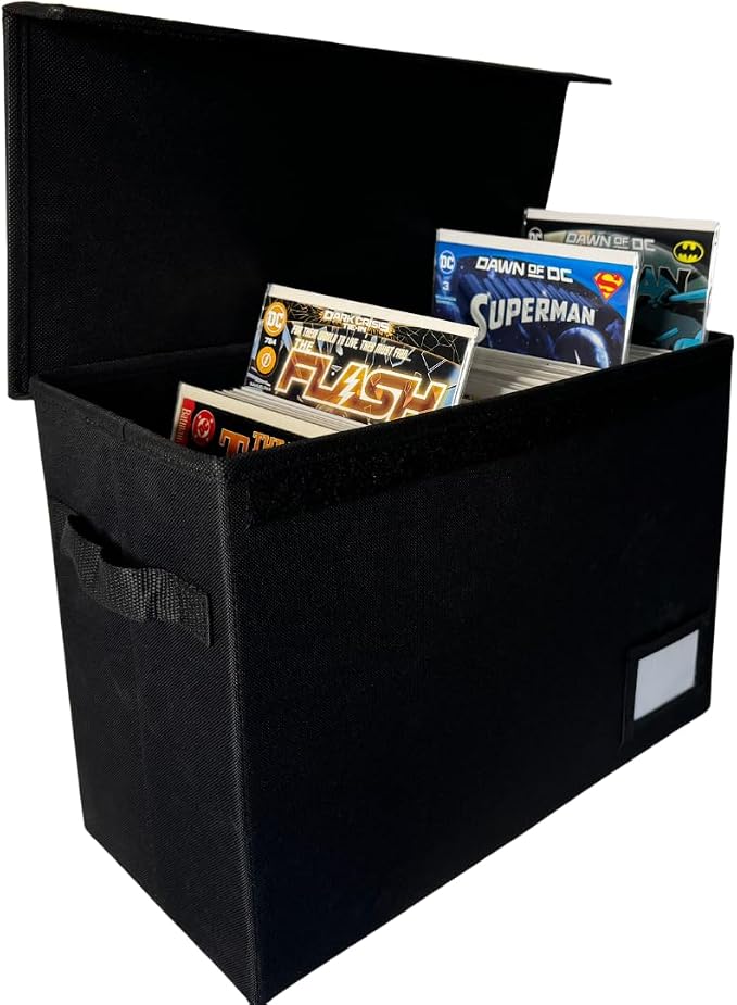 Comic Book Storage Box With Divider Built In (Removable)- Black Comic Book Box, Water Resistant, Holds 150 Comic Books, Full-length Velcro Flip-Top Enclosure, Comic Book Storage Box label pocket