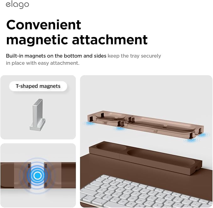 elago Smart Magnetic Desk Mat Pencil Tray – Soft Silicone Organizer for Office Supplies, AirPods, Glasses, Pens – Noise-Free, Washable, Item for Desk Management [Medium-Small Set] (Brown)