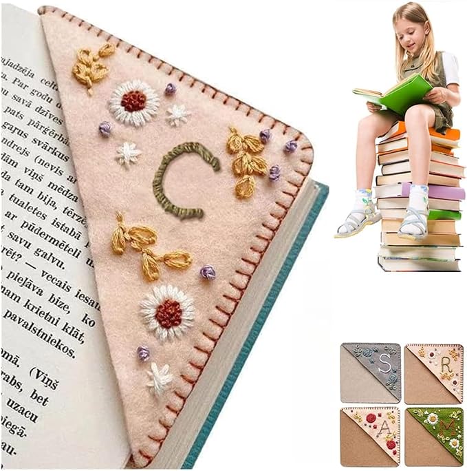 Personalized Hand Embroidered Corner Bookmark, 26 Letters Cute Flower Embroidered Corner Bookmark Embroidery Book Marker Clip for Book Lovers Bookmarks for Reading Lovers Meaningful GIF (Spring, C)