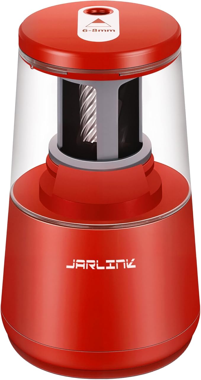 JARLINK Electric Pencil Sharpener, Heavy-Duty Helical Blade to Fast Sharpen, Auto Stop for No.2/Colored Pencils(6-8mm), AC Adapter/Battery Operated in School Classroom/Office/Home (Red)