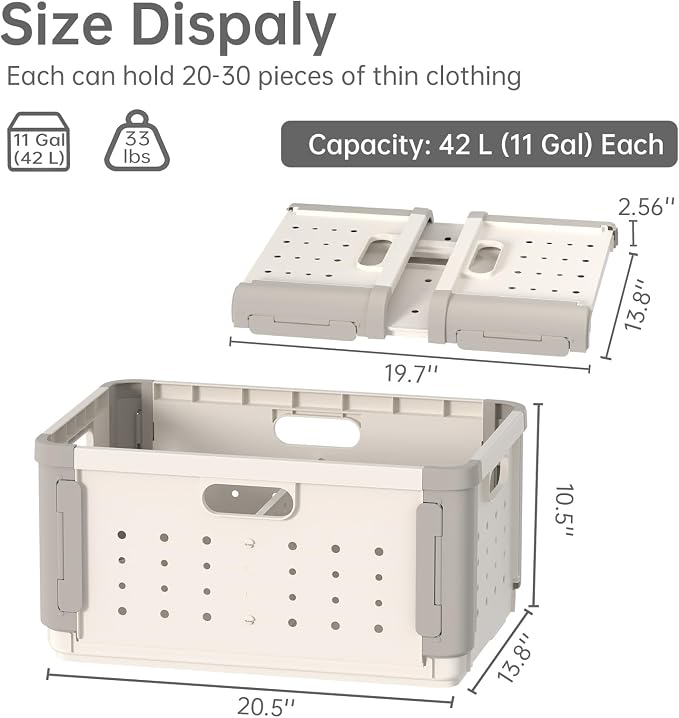 Plastic Folding Storage Baskets with Divider, 42L Collapsible Storage Crates with Handles, Stackable Heavy Duty Versatile Box Organizers for Clothes, Books, Snacks, Shoes and Grocery