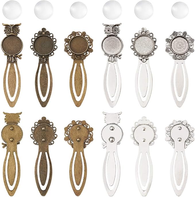 FASHEWELRY 24 Pcs 6 Styles Mixed Colors Bookmark Tray Pendant Kit Include 12Pcs Round Blank Bezel Base Setting Charms with 12Pcs Clear Glass Dome Tiles Cabochons (18mm, 20mm)