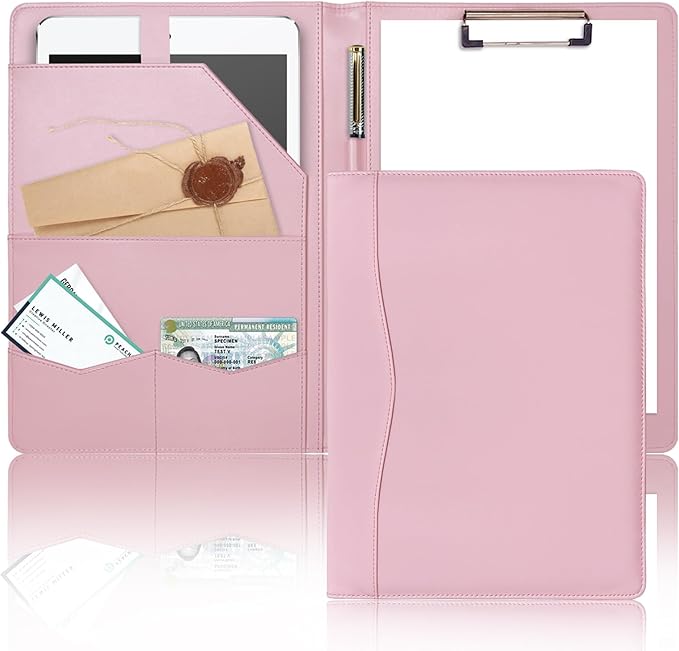 Padfolio Portfolio Binder, Leather Clipboard Folder Briefcase Loose-Leaf Binder with Cover Brown Folder with Pockets Resume Folder for Business Office Meeting Men Women's Business (A4, Pink)