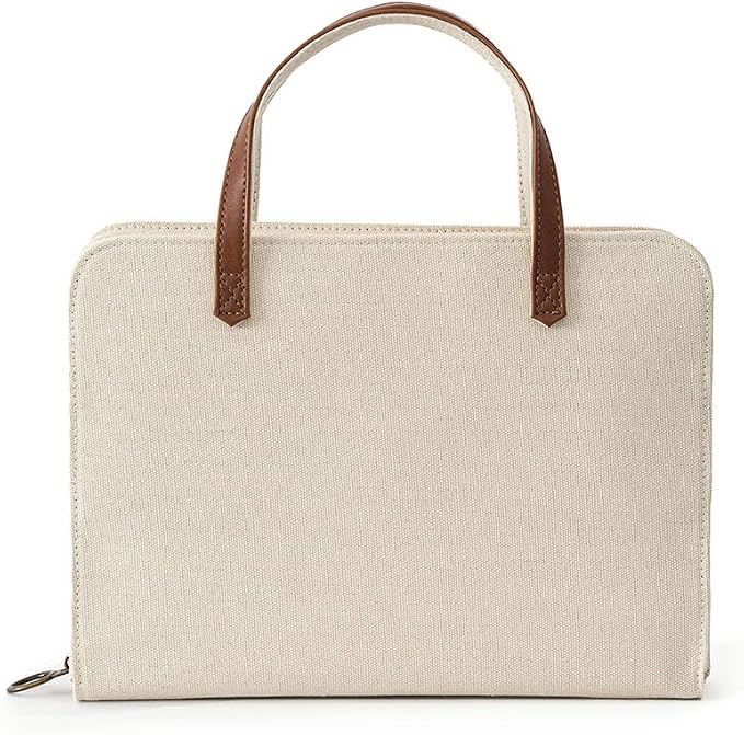 Bible Cover for Women Canvas Case with Leather Handles, Purse Style Bible Bag with Zippered Closure and Snap Pocket (White/Cream, Medium and Large Bibles)