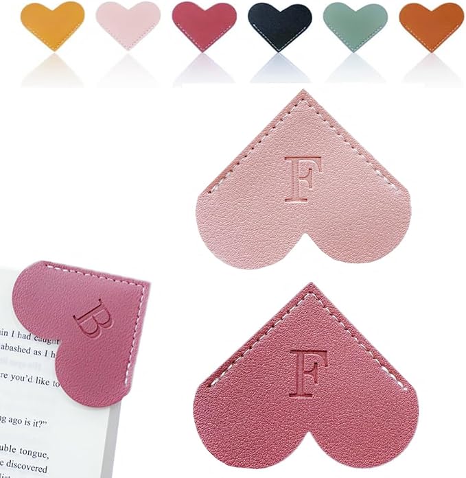 Personalized Leather Heart Bookmark, 26 Letters Customized Corner Book Mark for Reading Women, Book Marker with Initials，Cute Gifts (Light Pink+Deep Pink, F)