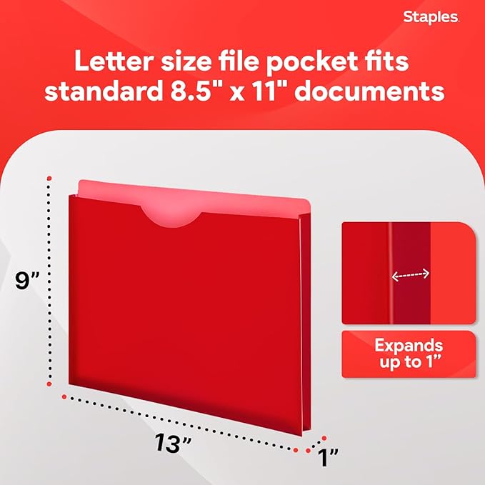 Staples Poly Expanding File Jackets, Letter Size, Moisture‑Resistant Durable Poly Folders, Assorted Colors – 10/Pack
