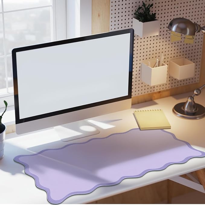 Hahafelt Scalloped Desk Mat Large Desk Pad Cute Coquette Table Mat Back to School Preppy Table Make up Pad Nonslip Graduation Gift with Stitching Waterproof Gaming(Purple,36 x 17 Inches)
